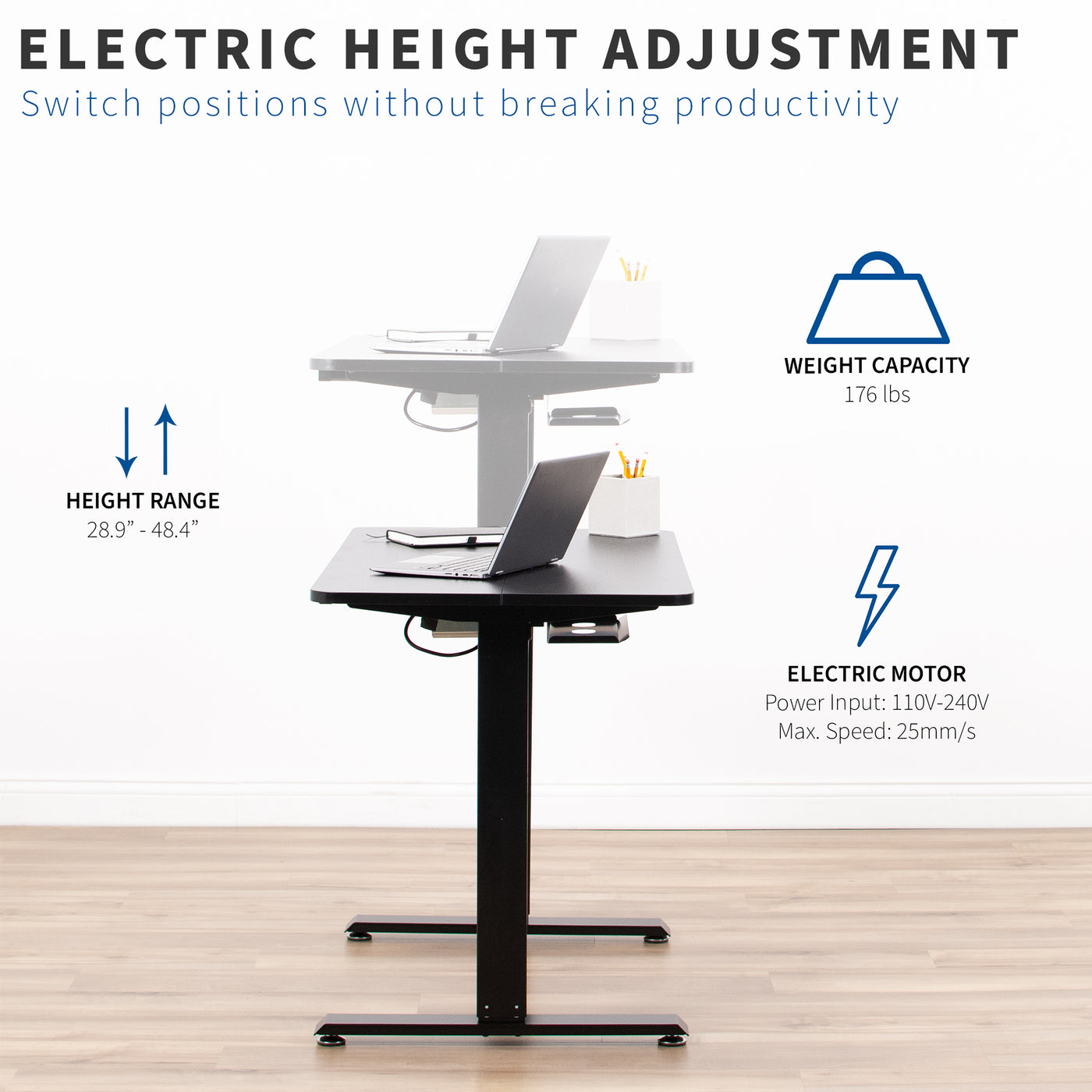Electric height adjustment to swiftly move from sitting to standing.