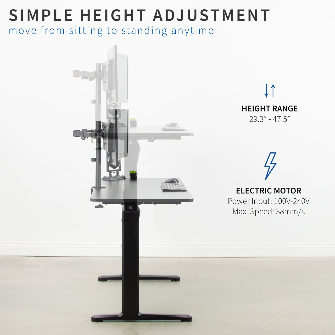 Height adjustments made simple at the press of a button to quickly move from sitting to standing.