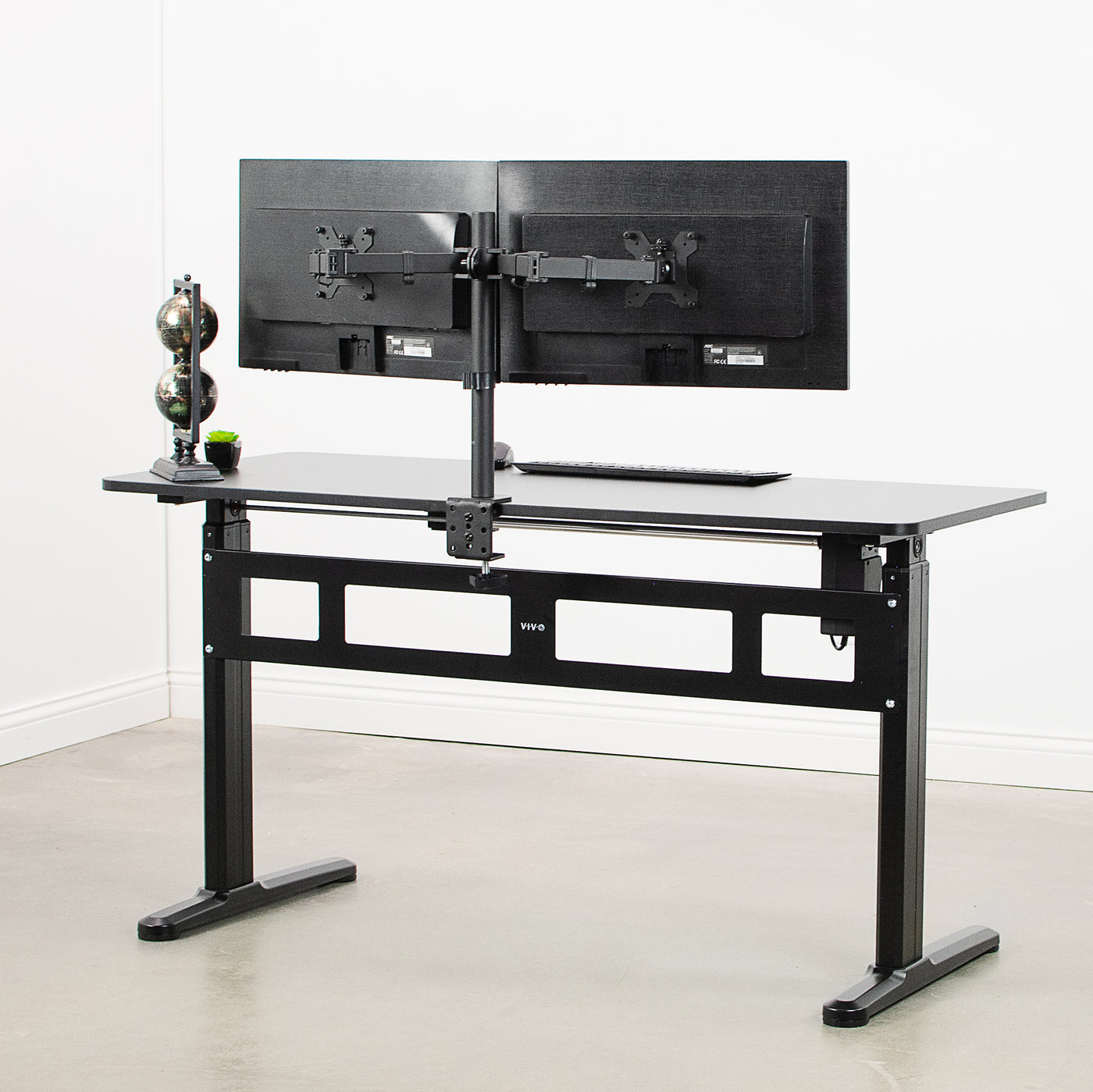Sturdy electric desk with a solid steel frame to maximize support of expensive office equipment.