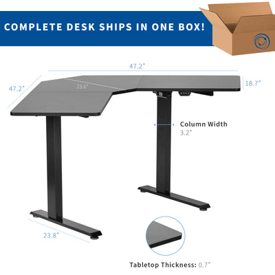 Desk ships in one box all pieces are guaranteed to arrive at the same time.
