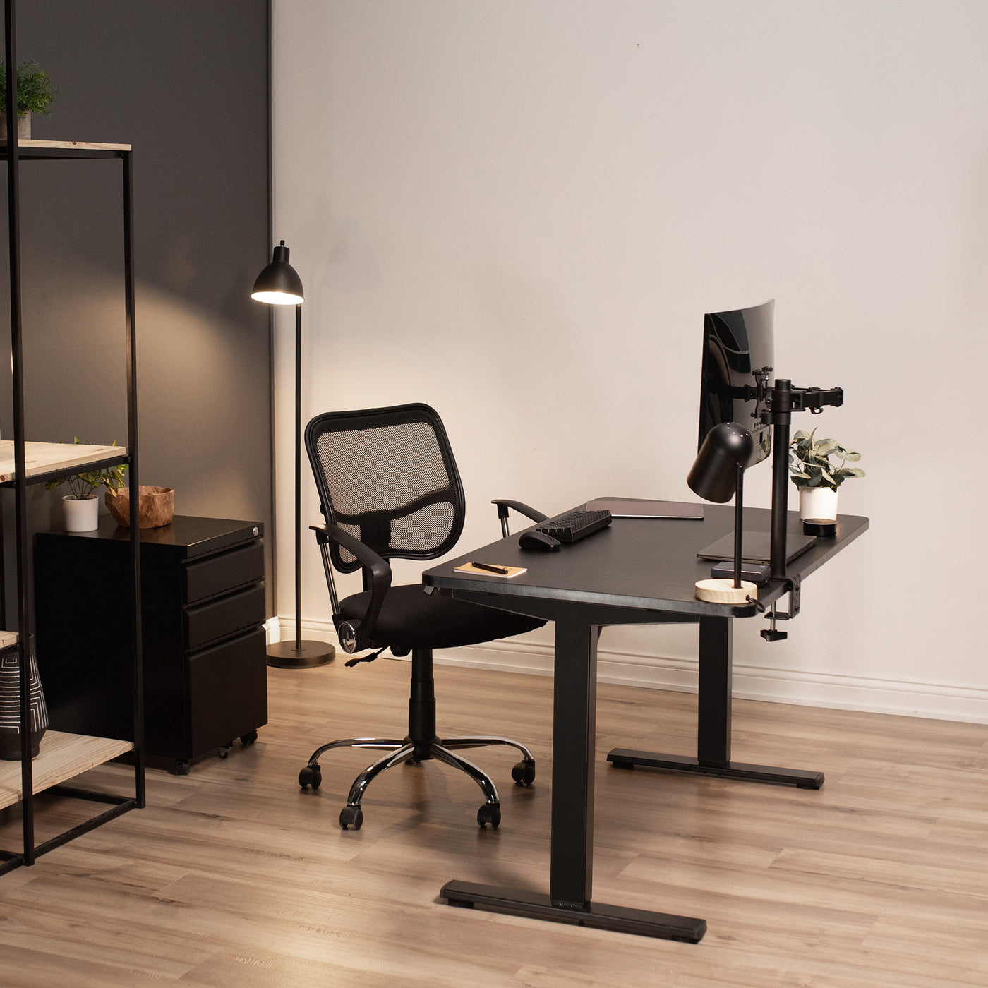 Live office space with electric desk and monitor mount. 
