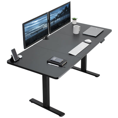 Diagonal black modern desk with electric height adjustment options.