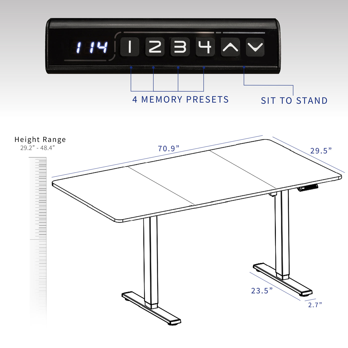 Dimensions of height, width, and depth of the electric desk that ships in two boxes.