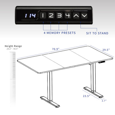 Dimensions of height, width, and depth of the electric desk that ships in two boxes.