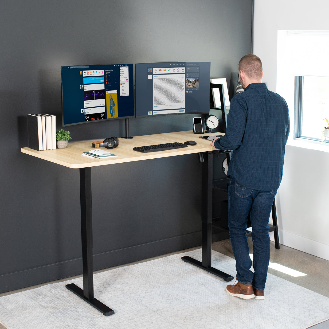 Large sturdy sit or stand active workstation with adjustable height using smart control panel.