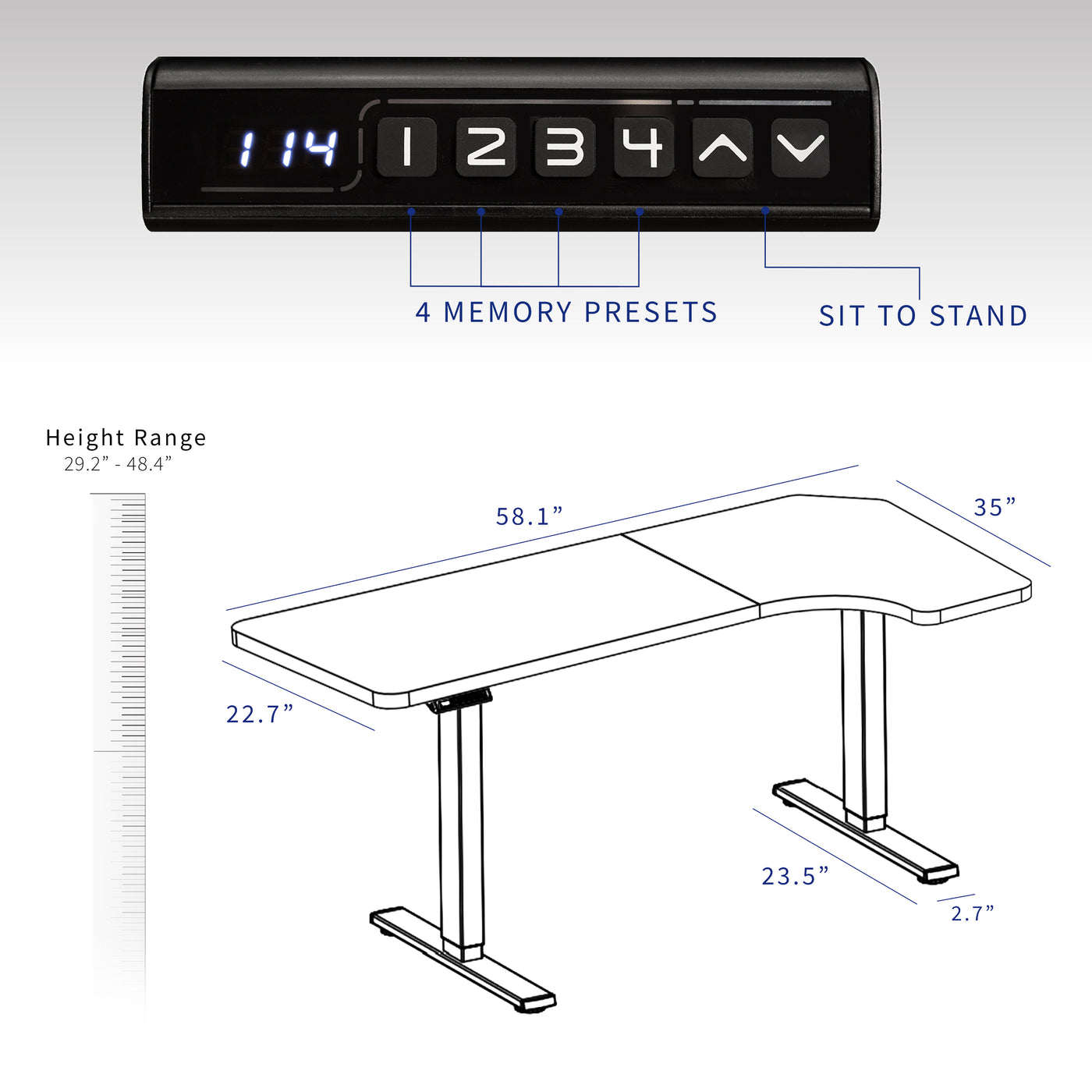 Dimensions of desk frame and top.