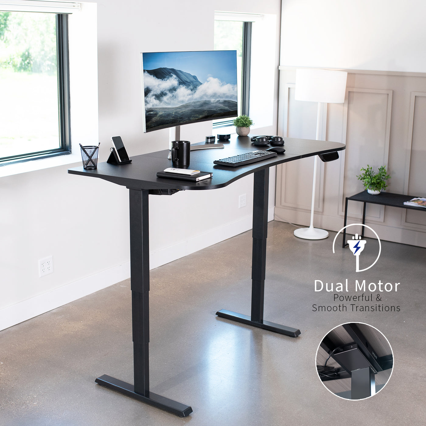 Ultra modern desk frame design with a powerful motor, collision detection, and sturdy leg support.