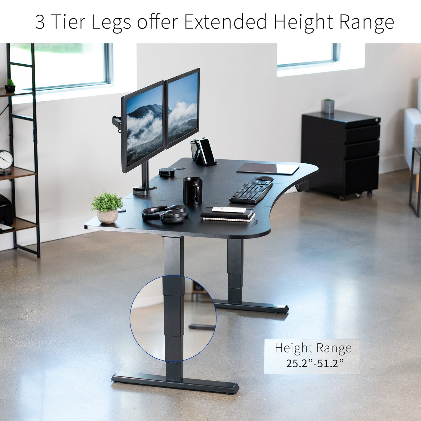 Minimalist office space with an electric sit-to-stand desk supporting a hefty weight.
