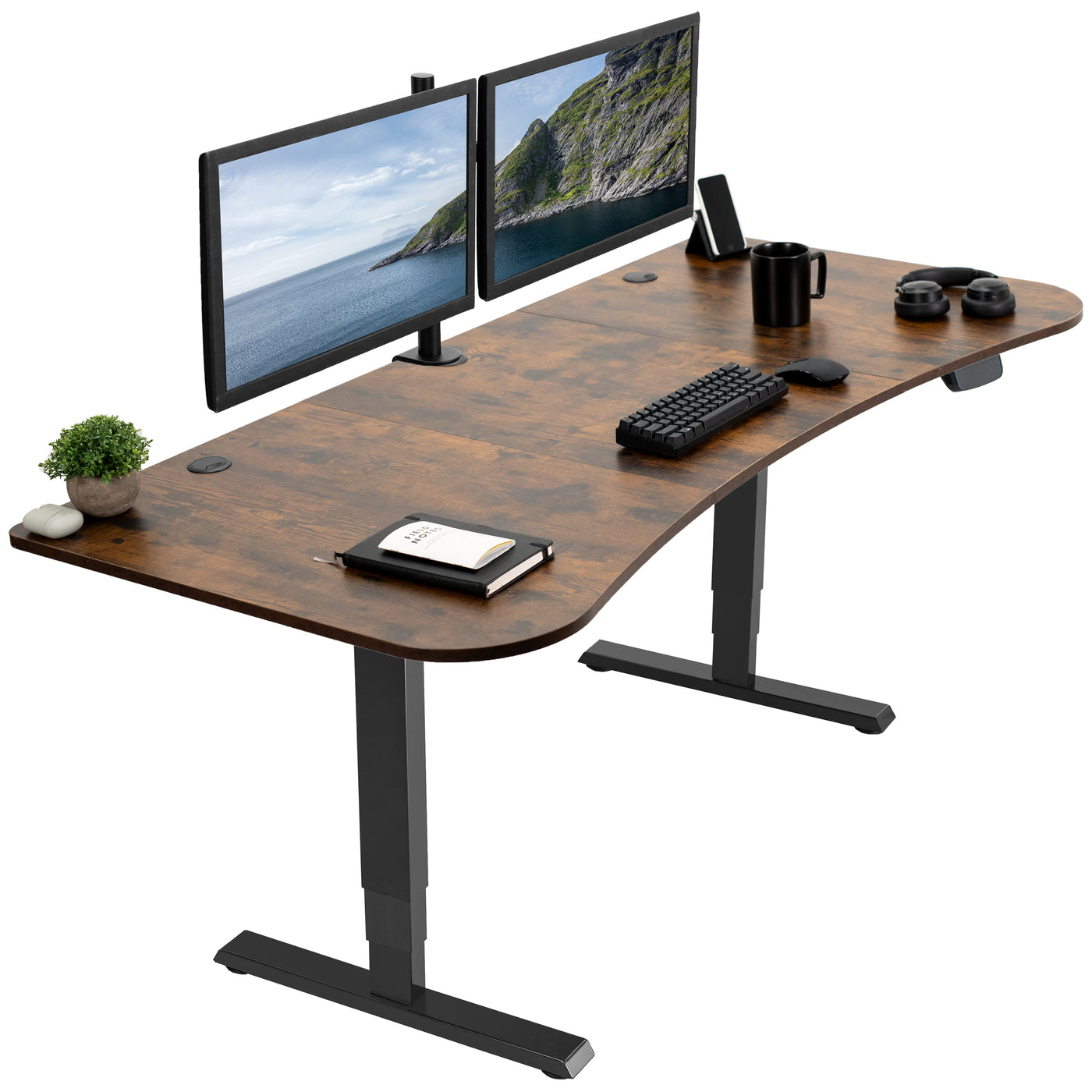 Sturdy rustic sit or stand desktop workstation with adjustable height and wide tabletop surface.