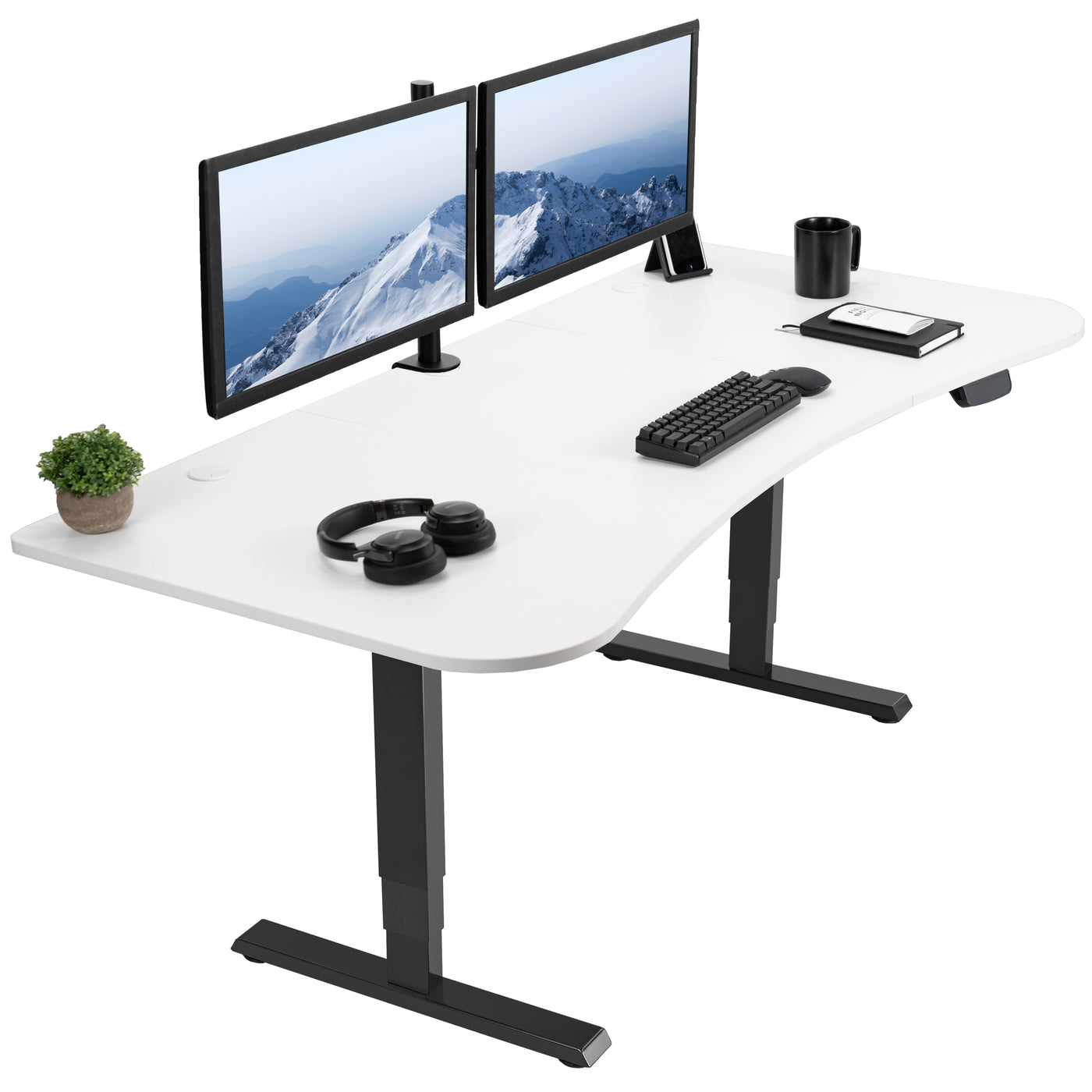 Sturdy sit or stand desktop workstation with adjustable height and wide tabletop surface.