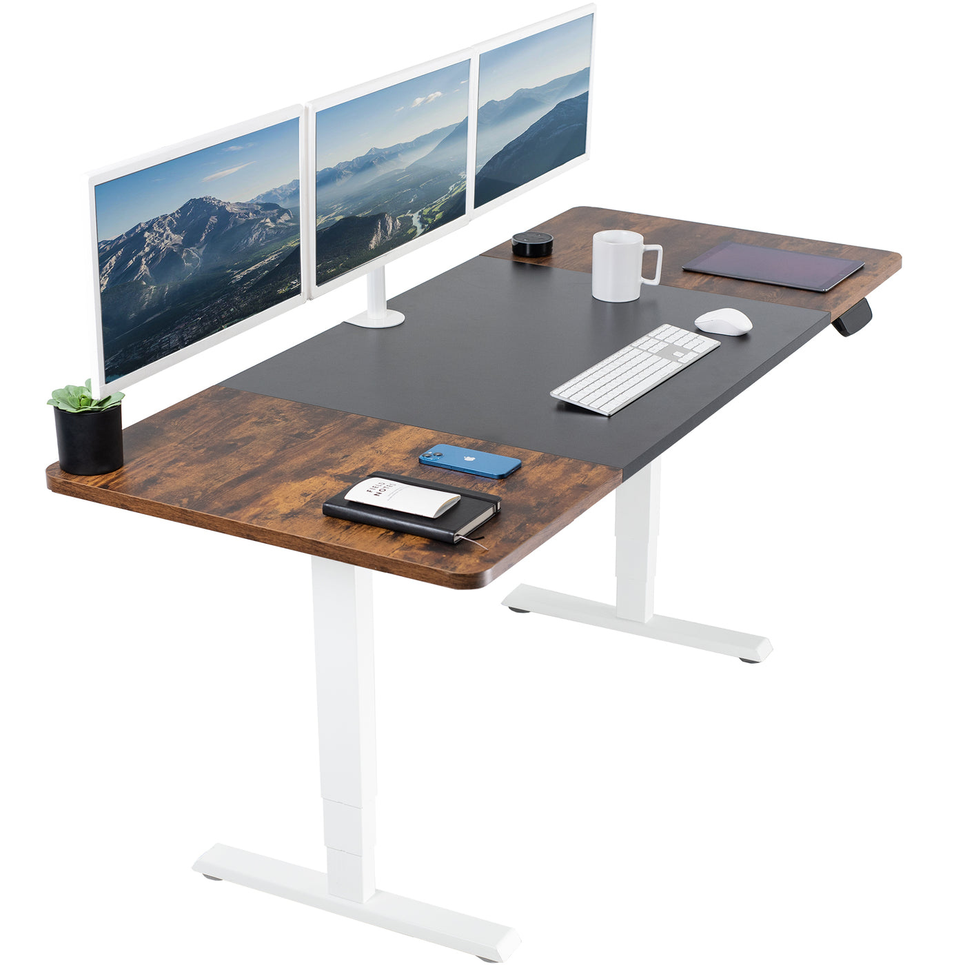 Rustic sturdy sit or stand active workstation with adjustable height using touch screen control panel.