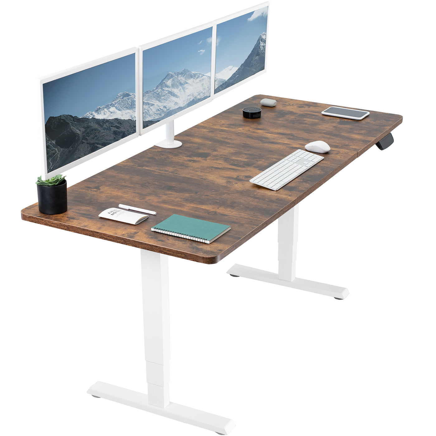 Rustic sturdy sit or stand active workstation with adjustable height using touch screen control panel.