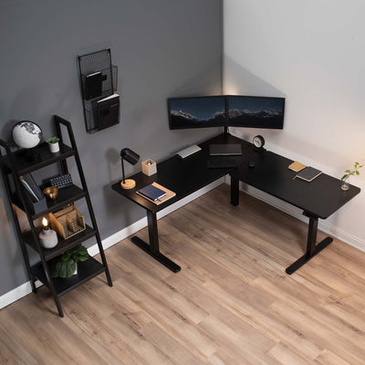 Dark gray and black workspace with heavy-duty sit-to-stand electric desk from VIVO.