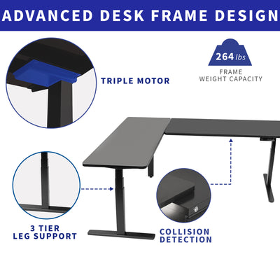 Strong desk with a triple motor, a hefty weight capacity, and three 3-tier support legs.