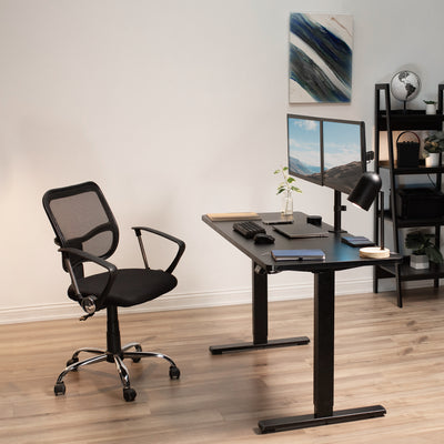Convenient electric height adjustable desktop workstation for active sit or stand efficient workspace.