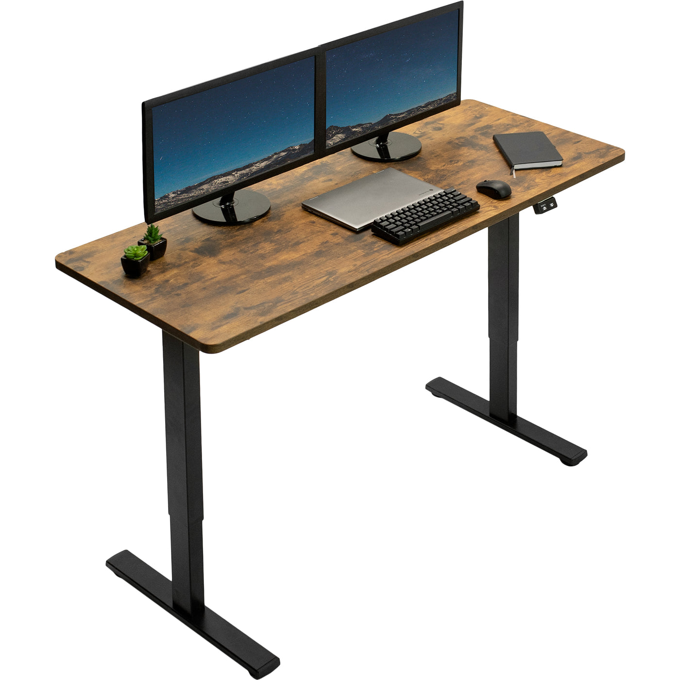 Heavy-duty rustic electric height adjustable desktop workstation for active sit or stand efficient workspace.