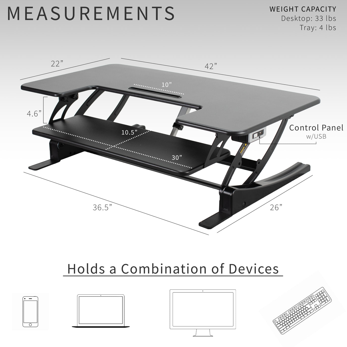 Measurements of heavy-duty spacious height adjustable desk converter. 