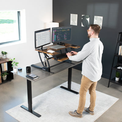 Heavy-duty, rustic, height adjustable desk converter monitor riser with 2 tiers.