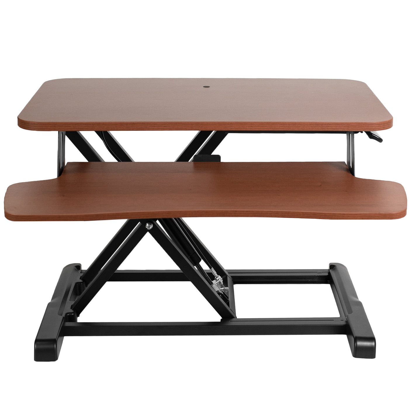 Heavy-duty height adjustable desk converter platform with 2 tiers.
