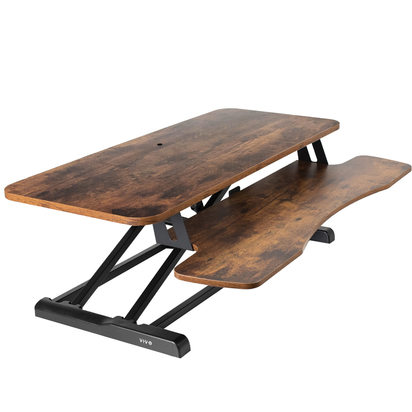 Rustic heavy-duty height adjustable desk converter platform with 2 tiers.